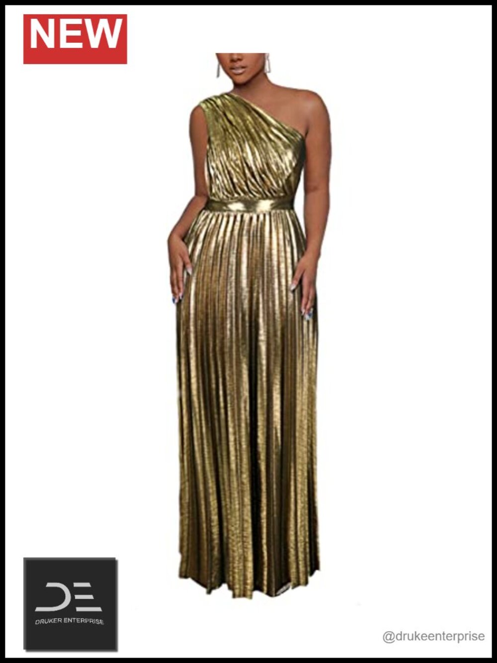 Metallic One Shoulder Pleated A-Line Maxi Formal Dress